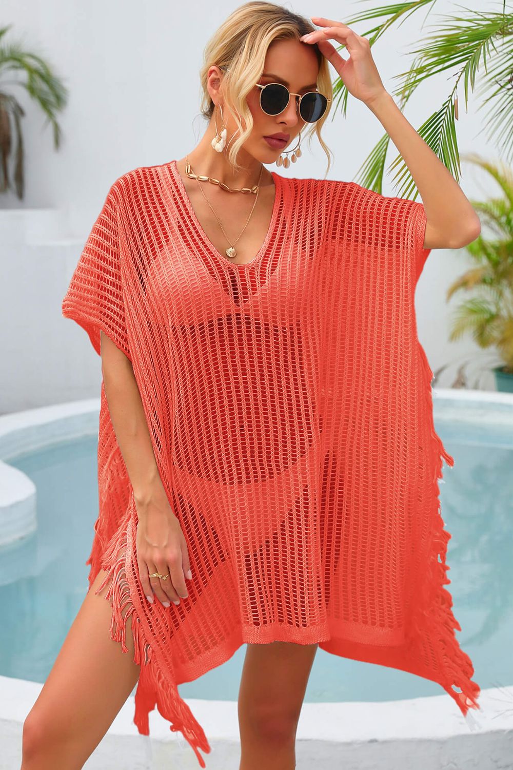 SO SUMMER One Size Fringe Trim Openwork Cover Up