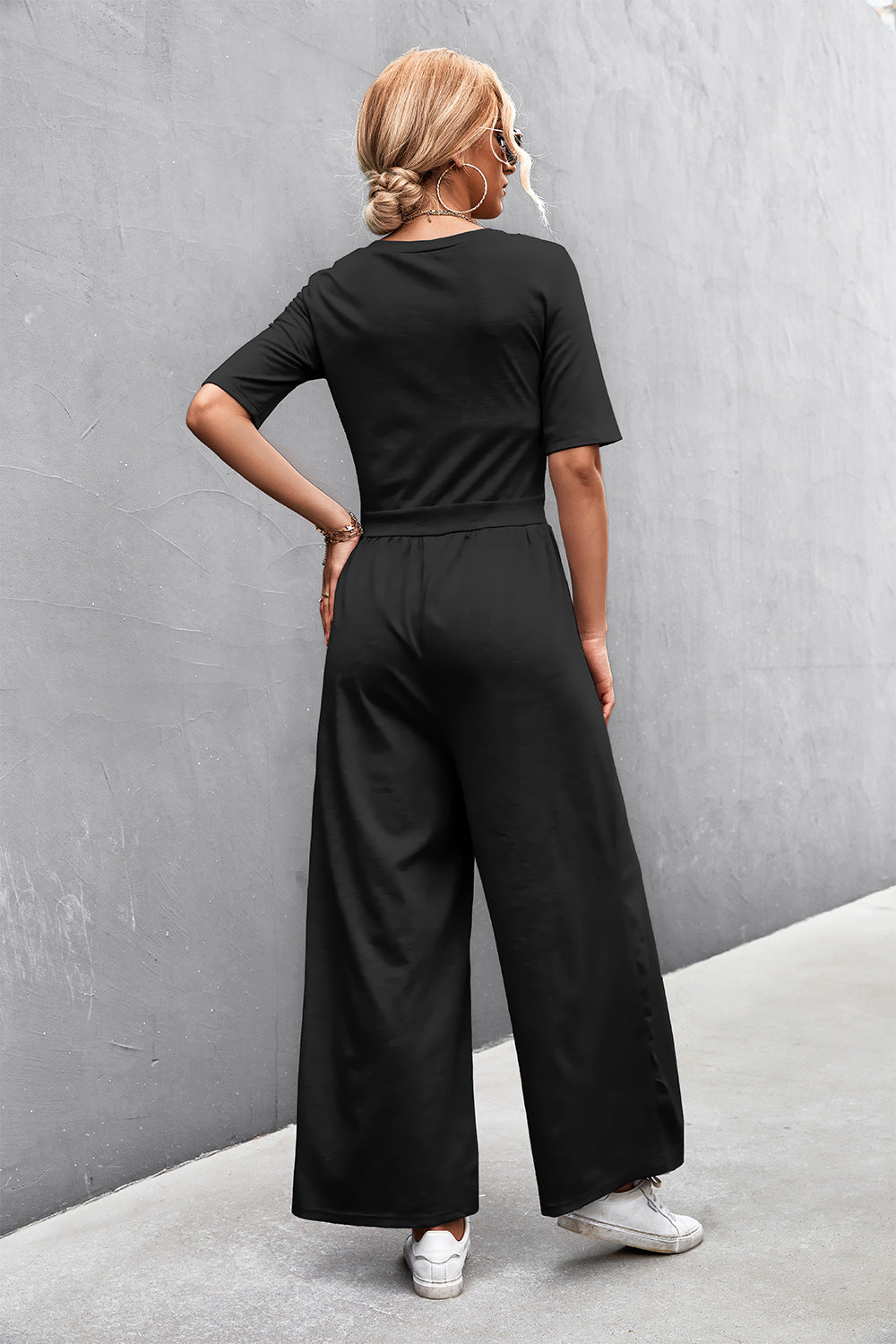 Women's Scoop Neck Half Sleeve Wide Leg Jumpsuit