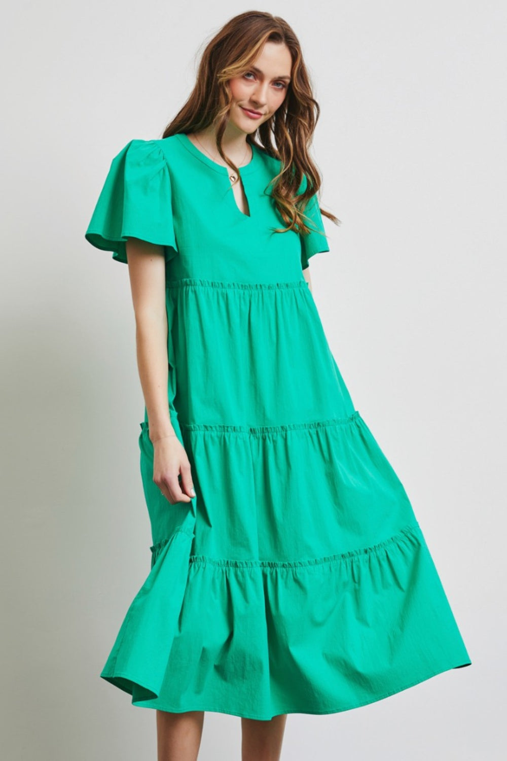 HEYSON Full Size Cotton Poplin Ruffled Tiered Midi Dress *