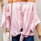 Malibu Dreams Full Size Striped Tie Front Flounce Sleeve Blouse