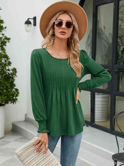Aurora Lea Smocked Round Neck Lantern Sleeve Blouse