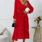 Full Size V-Neck Long Sleeve Tie Waist Midi Dress