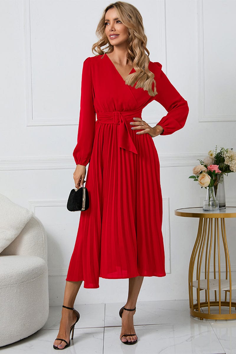 Full Size V-Neck Long Sleeve Tie Waist Midi Dress