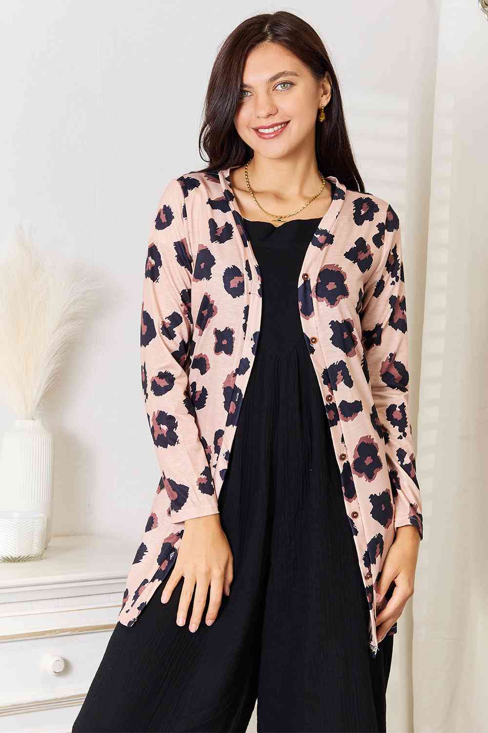 Double Take Printed Button Front Longline Cardigan *