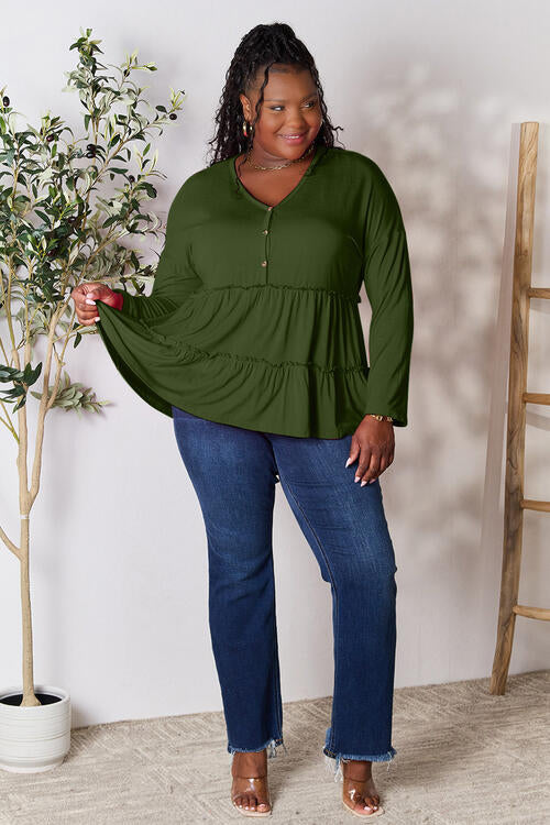 Double Take Half Button Long Sleeve Ruffle Hem Blouse *