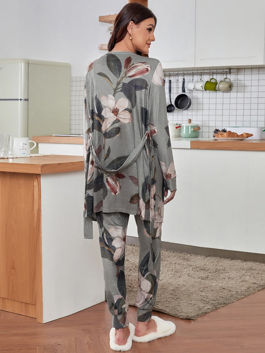 Women's Floral Cami, Pants, and Robe Lounge Set