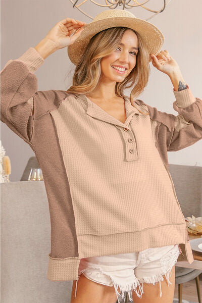 BiBi Half Button Exposed Seam Contrast Waffle Top - Brand BiBi