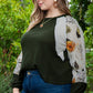 Plus Size Army Green Floral Waffle-Knit Round Neck Blouse