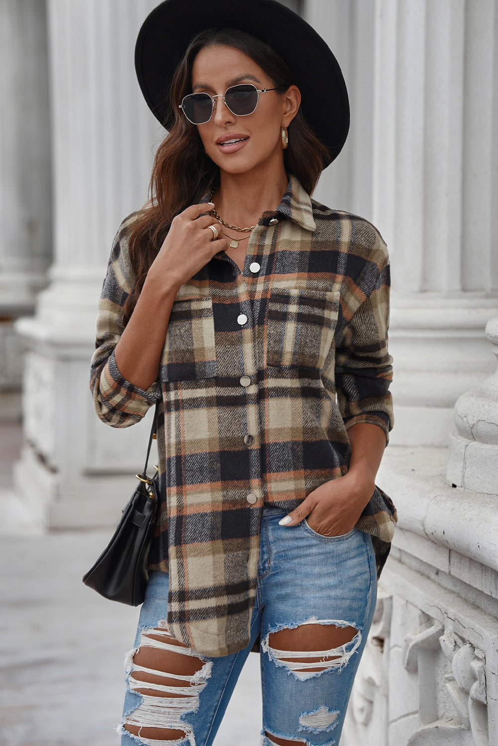 Aaarti&Destiny Full Size Plaid Curved Hem Dropped Shoulder Longline Shirt Jacket