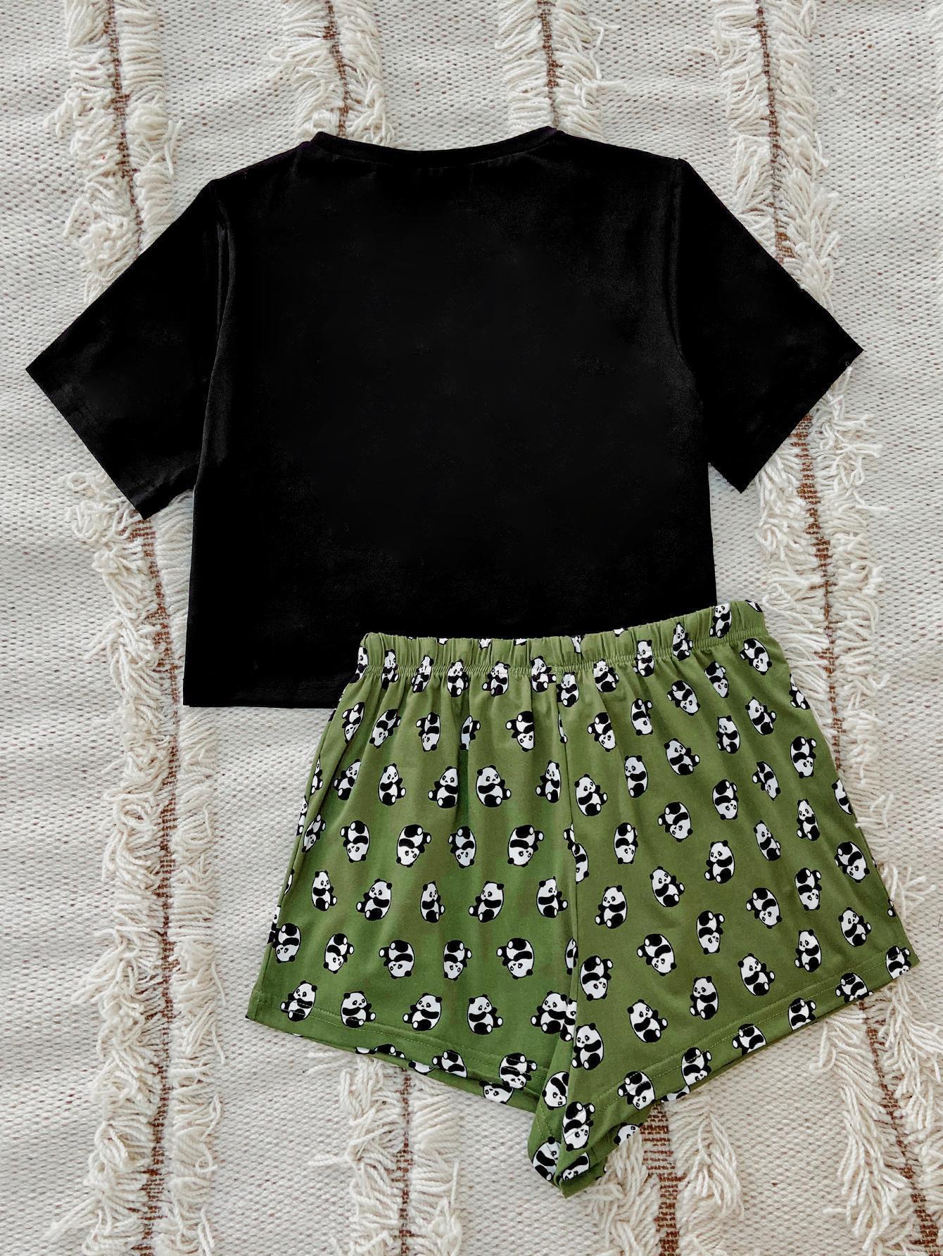 Women's Graphic Tee and Panda Print Shorts Lounge Set