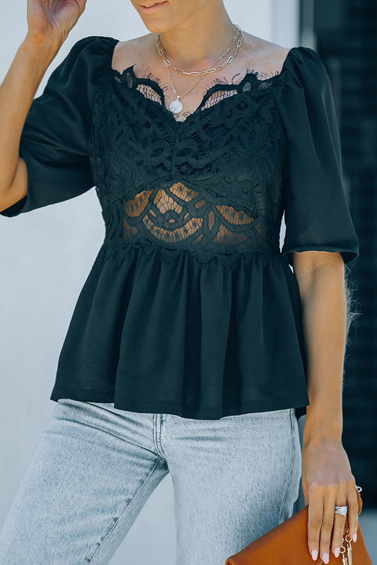 Full Size Black Lace Smocked Puff Sleeve Peplum Top