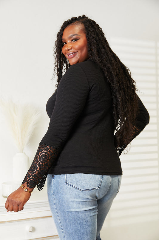 Double Take Black Full Size Crochet Lace Hem Sleeve Button Top