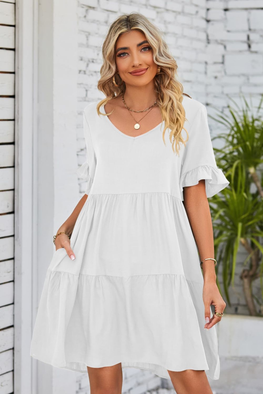 SO BOHO Full Size V-Neck Flounce Sleeve Tiered Dress