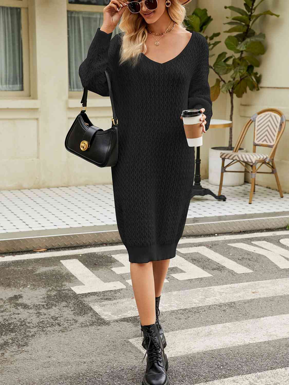 CozyWonders V-Neck Long Sleeve Sweater Dress