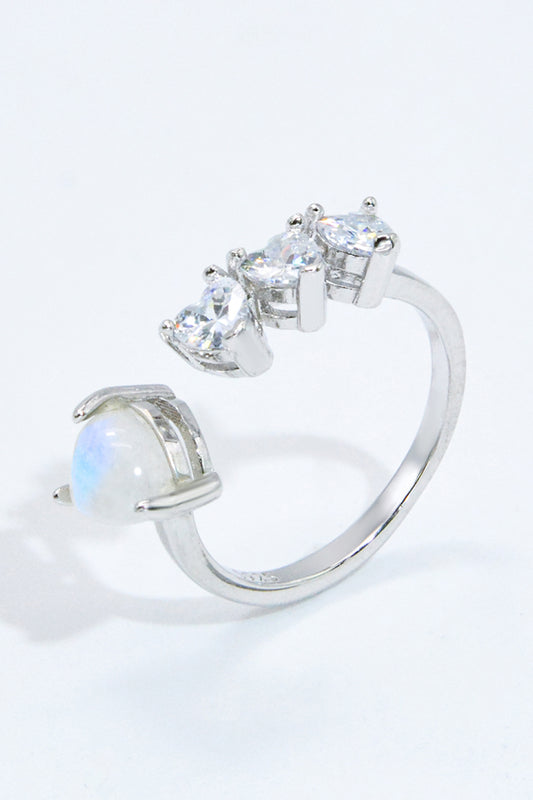 Women's Natural Moonstone and Zircon Heart Open Ring