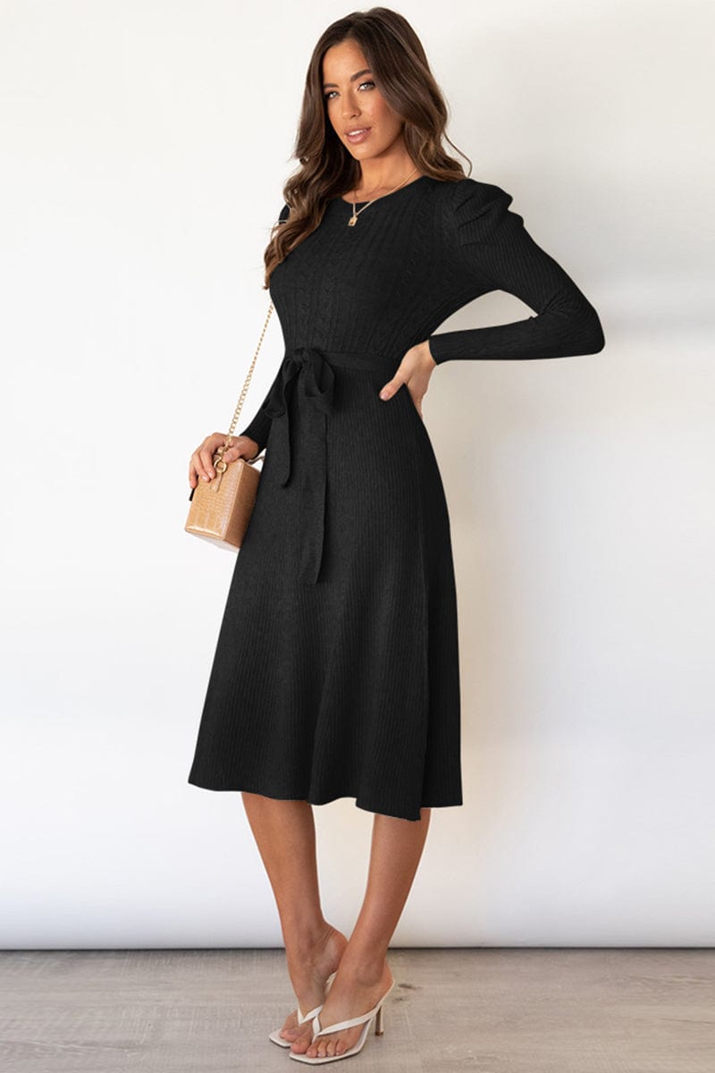 Full Size Round Neck Long Sleeve Tie Waist Sweater Dress