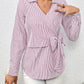 Bow Tie Waist Johnny Collar Neck Striped Blouse