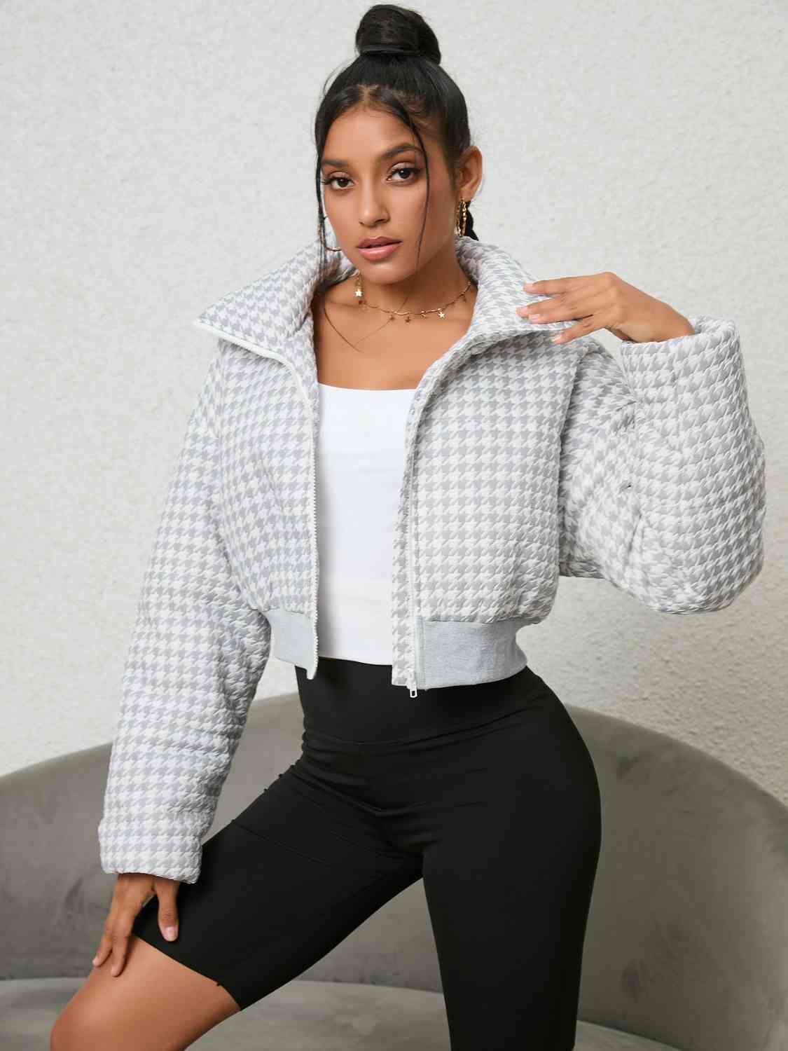 Full Size Houndstooth Zip-Up Jacket