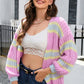 Striped Lantern Sleeve Dropped Shoulder Cardigan