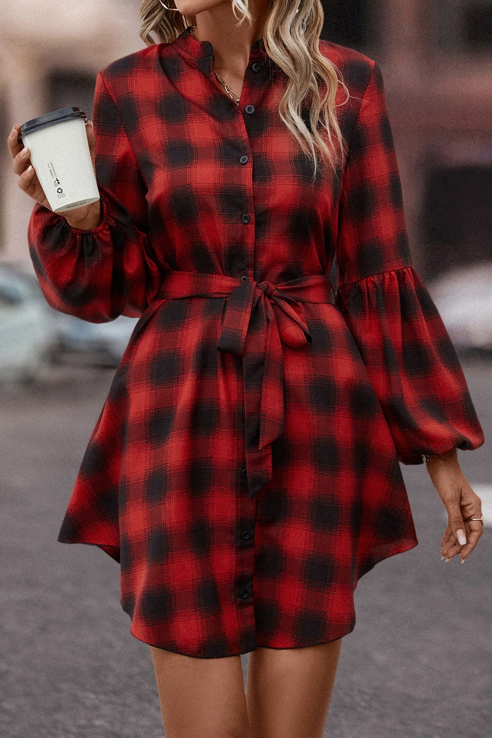 TrendiBee Plaid Tie Waist Balloon Sleeve Mini Dress