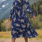 Printed Notched Lantern Sleeve Midi Dress