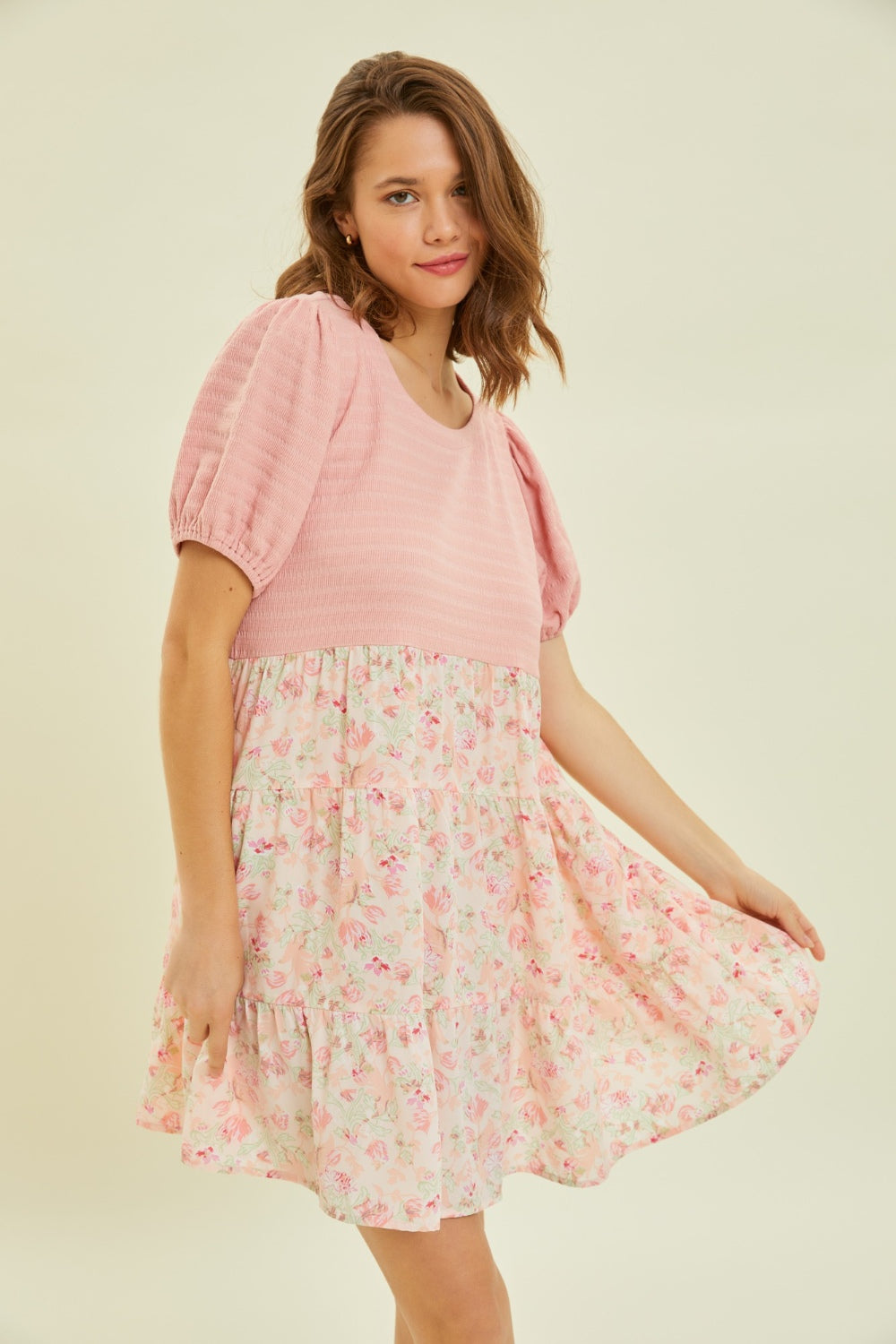 HEYSON Full Size Round Neck Floral Ruffle Hem Mini Dress *