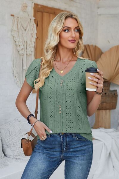 Decorative Button Eyelet V-Neck Short Sleeve T-Shirt