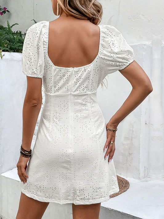 Women's Bow Detail Eyelet Puff Sleeve Dress