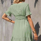 Women's Gum Leaf Green Smocked Waist Flounce Sleeve Ruffle Hem Dress