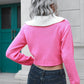Basic Style Pink, Black, or Blue Contrast Collared Cropped Sweater