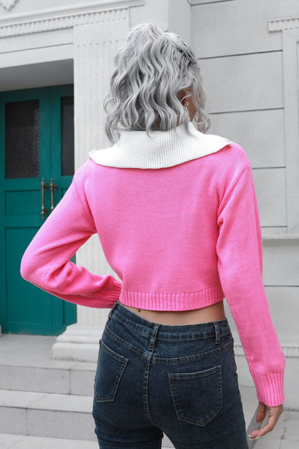 Basic Style Pink, Black, or Blue Contrast Collared Cropped Sweater