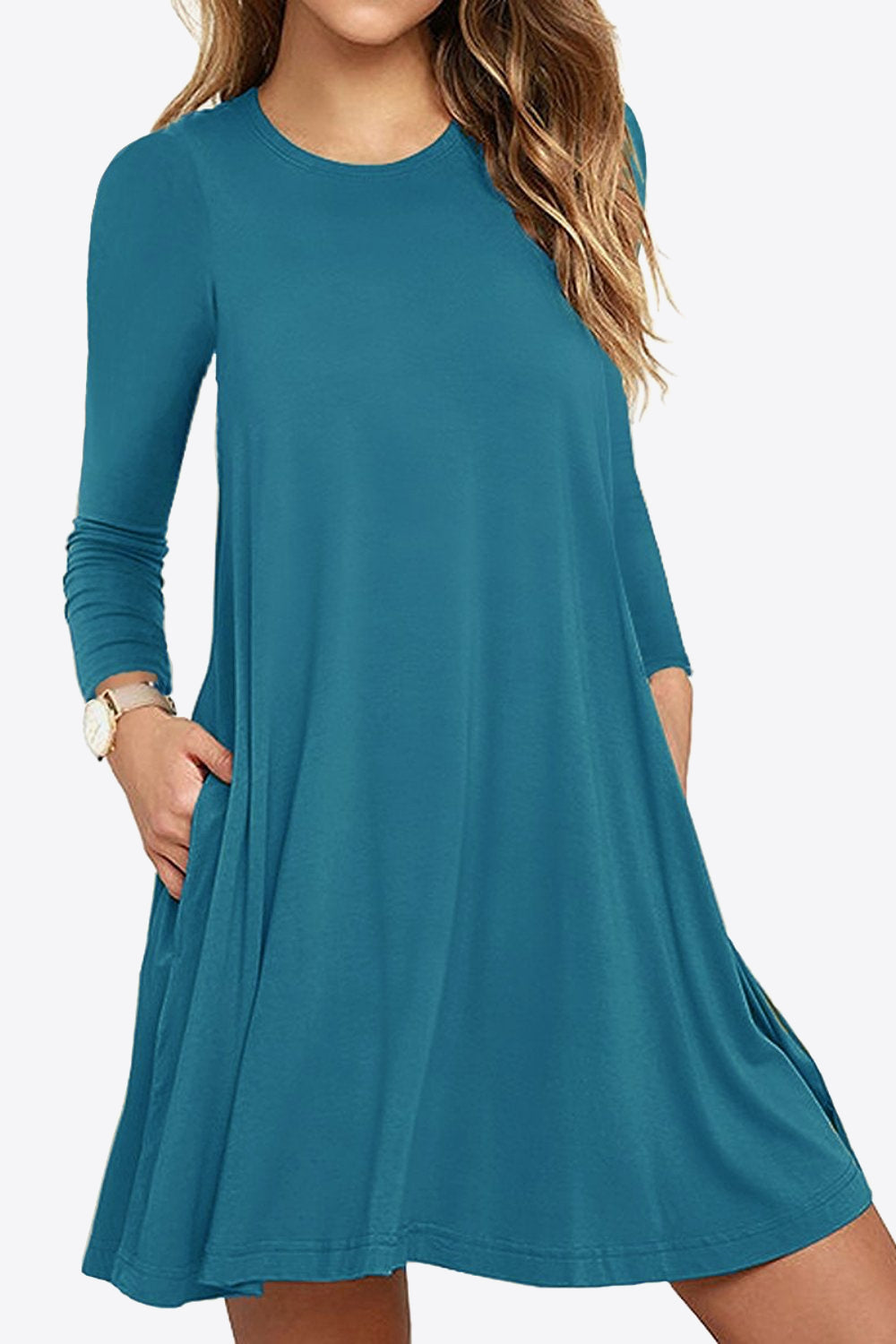 Women's Full Size Agnetha Long-Sleeve Round Neck Dress with Pockets