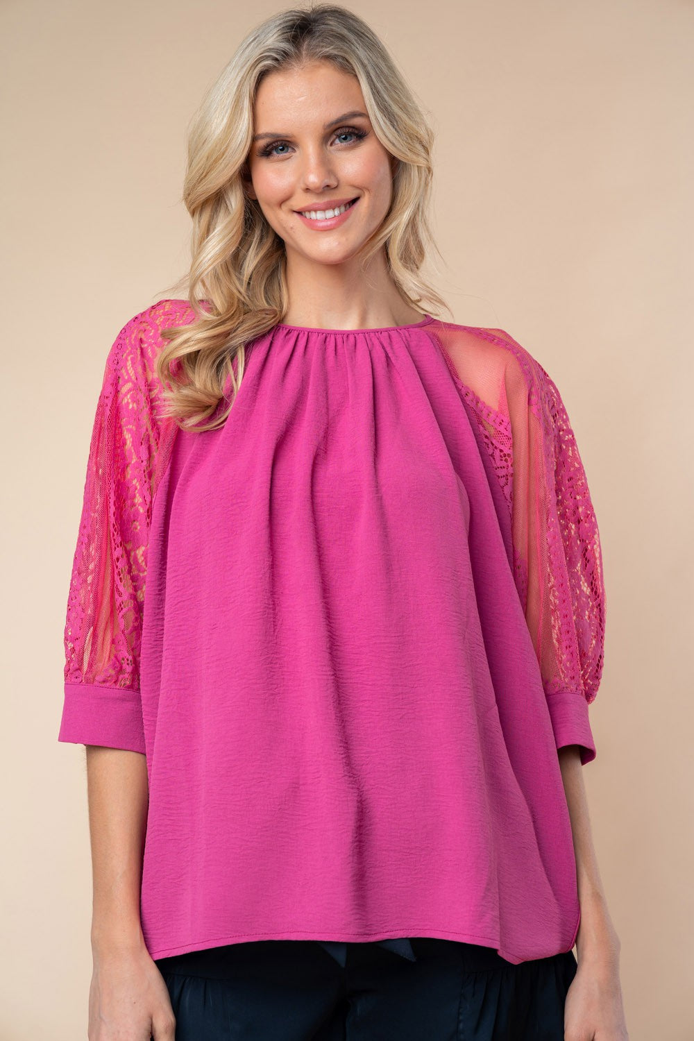 White Birch Round Neck Lace Half Sleeve Blouse *