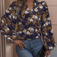 Navy Blue Floral Notched Balloon Sleeve Blouse