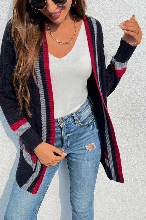 Charming Trends Dark Navy Open Front Striped Long Sleeve Cardigan