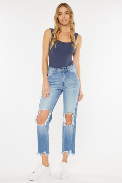 Kancan High Waist Chewed Up Straight Mom Jeans *