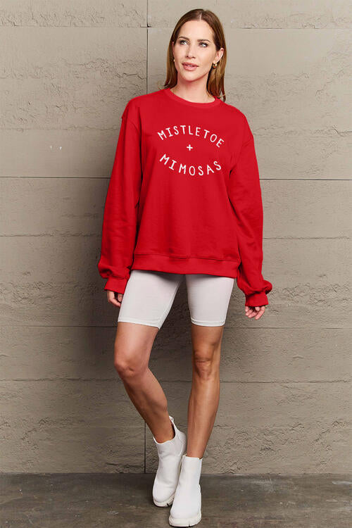 Simply Love Full Size Christmas Themed MISTLETOE MIMOSAS Long Sleeve Scarlet Red Sweatshirt