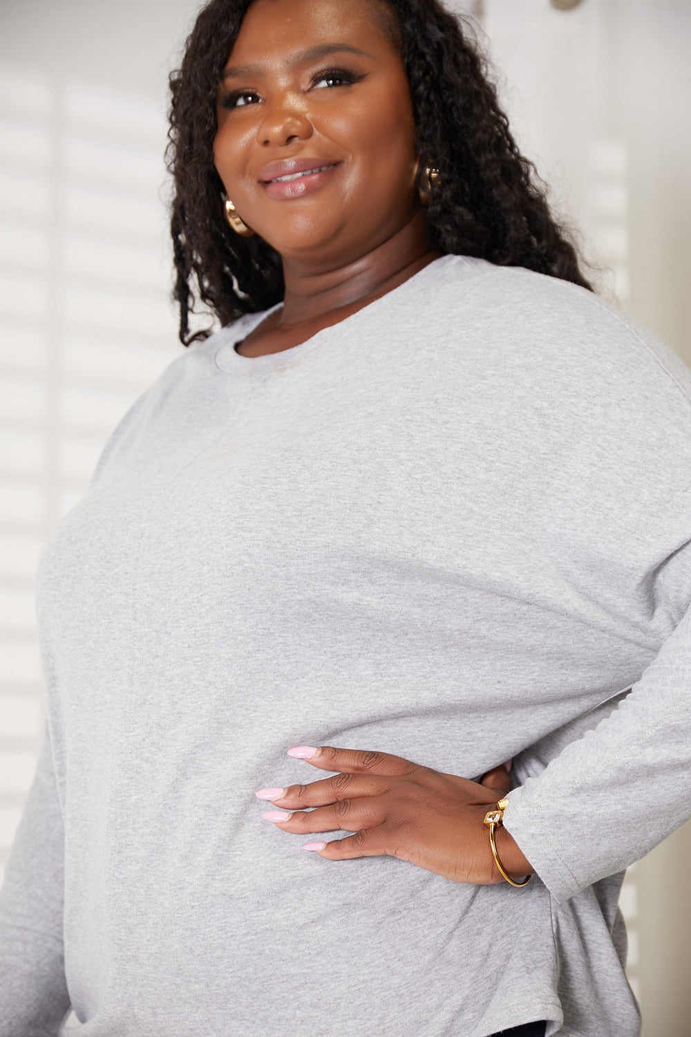Double Take Light Gray Full Size Seam Detail Round Neck Long Sleeve Top *