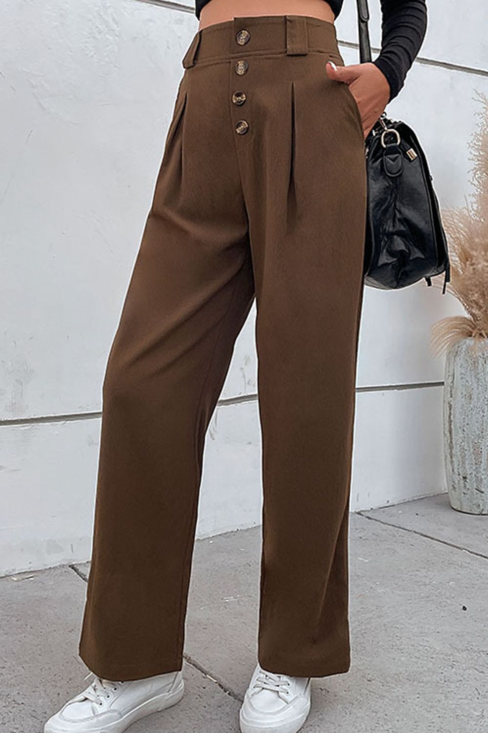 Brown Button-Fly Pleated Waist Wide Leg Pants with Pockets