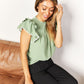 Double Take Gum Leaf Pleated Detail Flutter Sleeve Blouse
