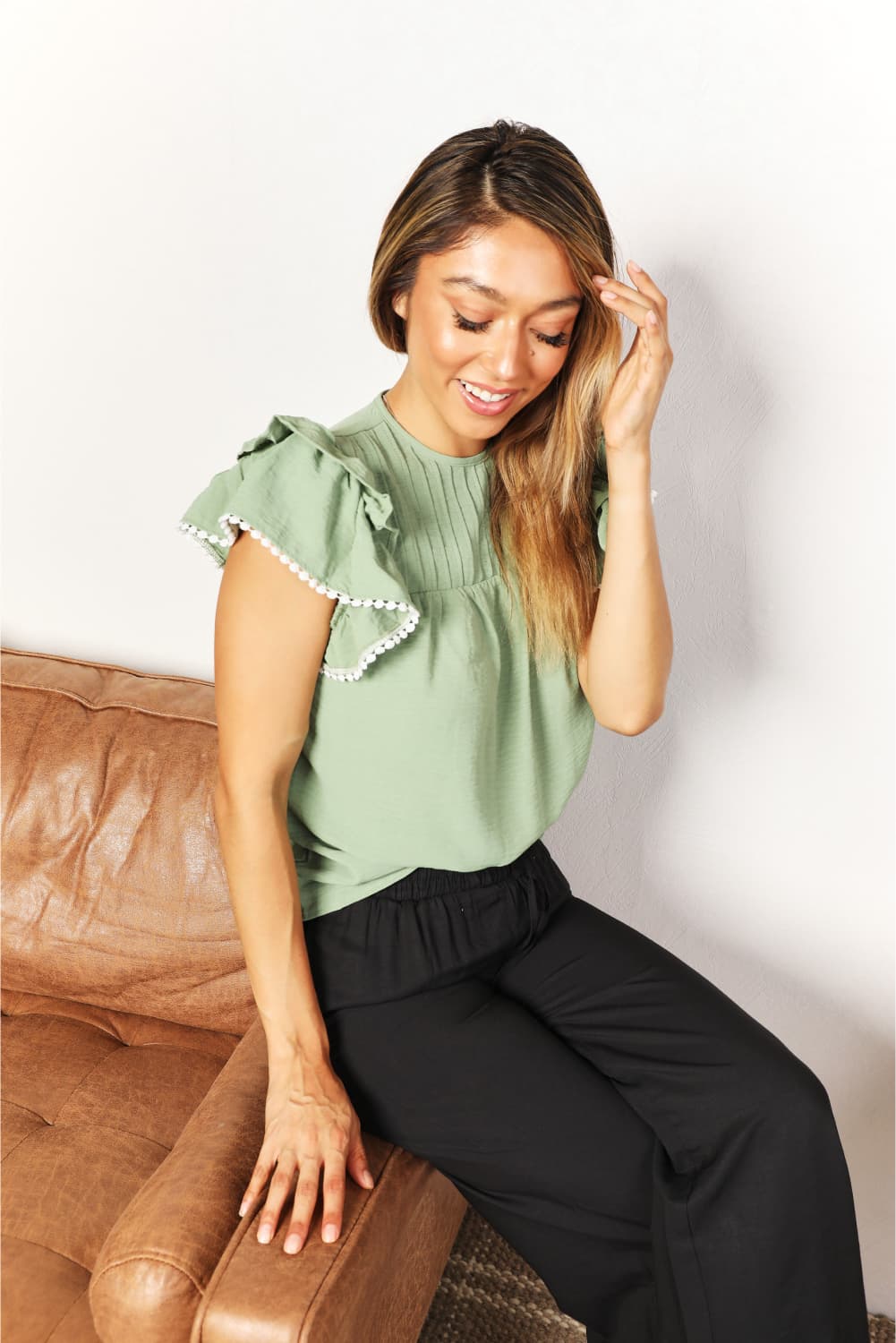 Double Take Gum Leaf Pleated Detail Flutter Sleeve Blouse *