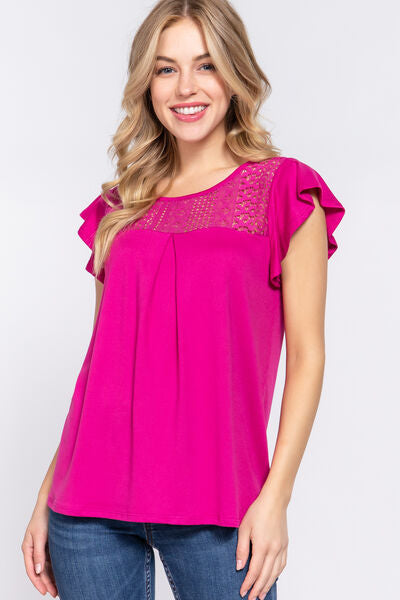 ACTIVE BASIC Ruffle Short Sleeve Lace Detail Knit Top *