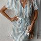 Women's Striped Johnny Collar Tie-Waist Dress