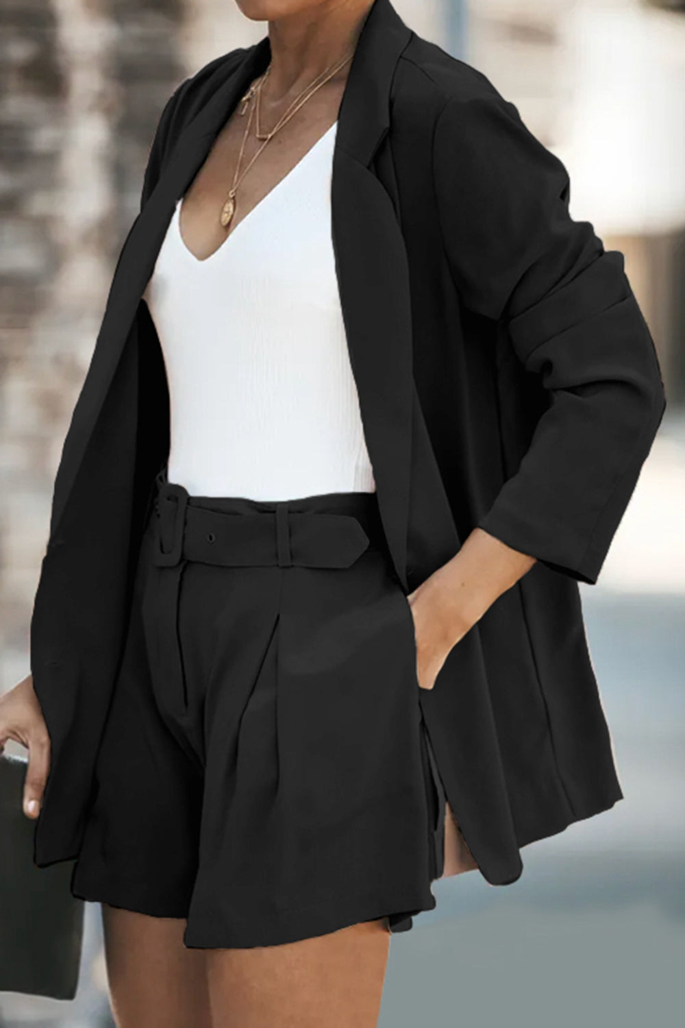 HANNAH MEA Full Size Longline Blazer and Shorts Set with Pockets