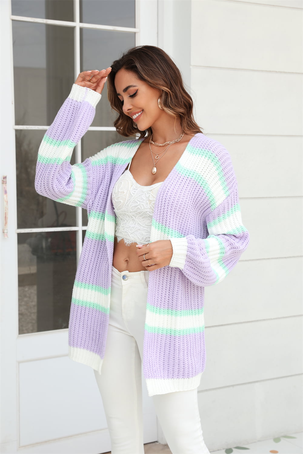 Sophia & Grace Color Block Ribbed Dropped Shoulder Open Front Cardigan