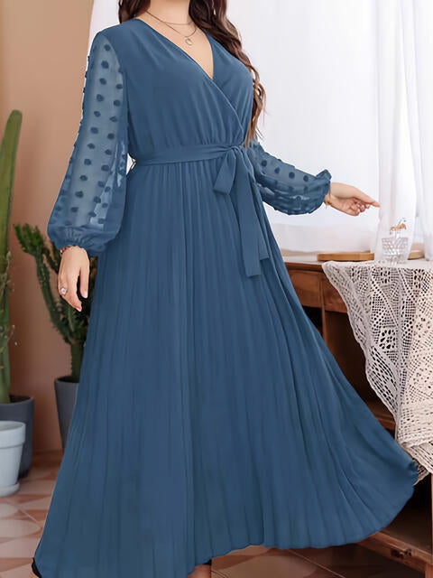 Plus Size Peacock Blue Swiss Dot Tie Waist Maxi Dress