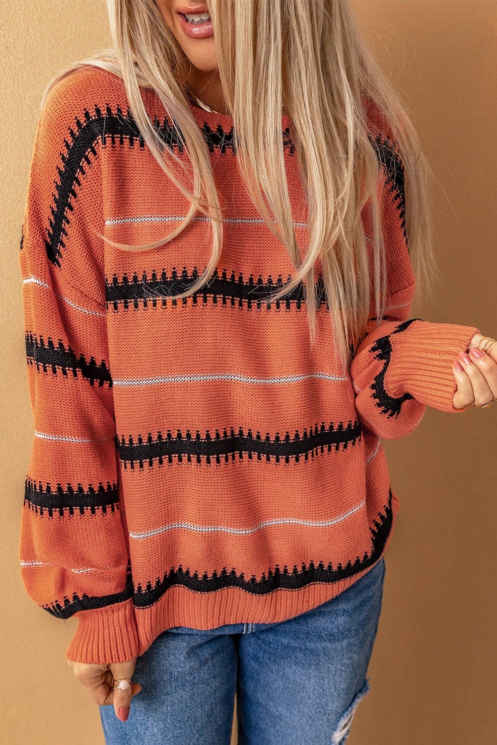 Full Size Striped Drop Shoulder Ribbed Cuff Sweater