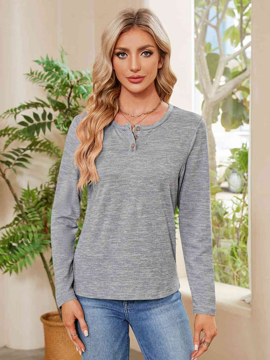 Buttoned Round Neck  Long Sleeve T-Shirt