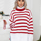 Striped Slit Turtleneck Drop Shoulder Sweater