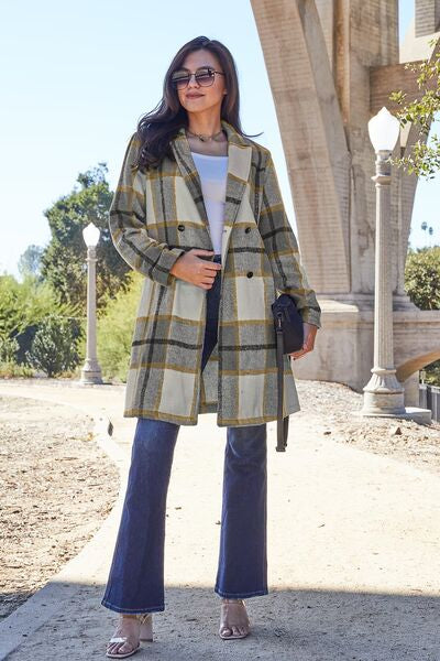 Double Take Full Size Plaid Button Up Lapel Collar Coat *